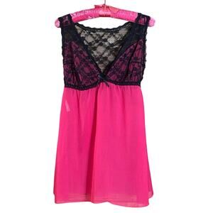 Delta Burke Intimates Hot Pink & Black Lace Babydoll Nightgown Chemise 1X sheer